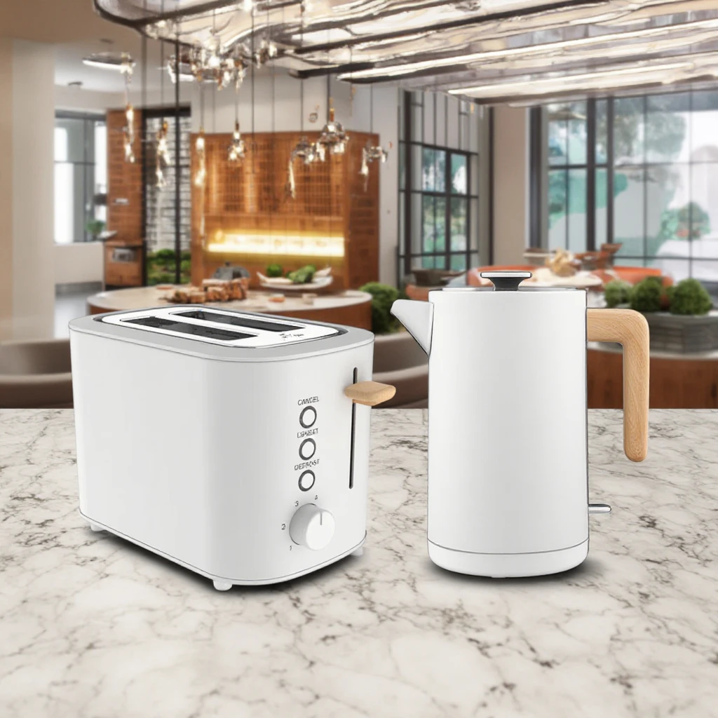 China Manufacturer Cordless Electric Kettle with Wood Detail Pop-Up Toaster for Household