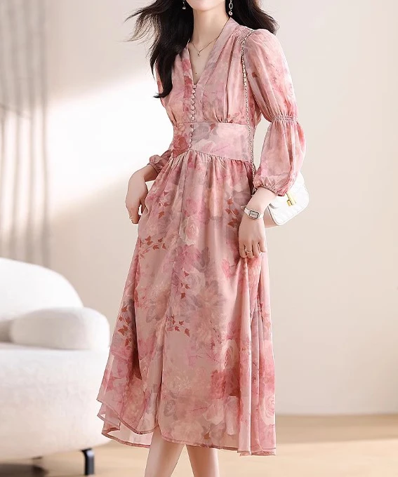 wholesale floral midi lantern sleeve vintage dress