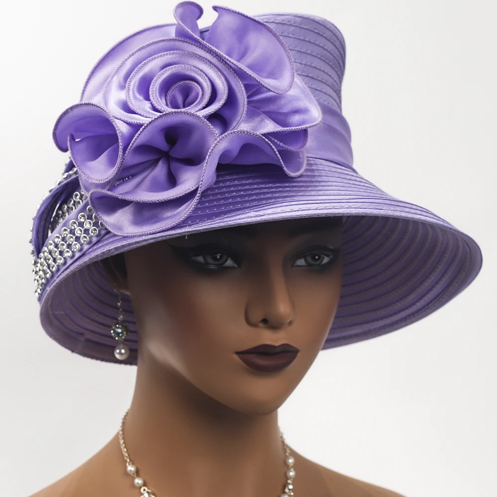 Newest purple church hats Party Fascinator flower rhinestone Kentucky Derby Hats Satin Party Top Formal Hat Female