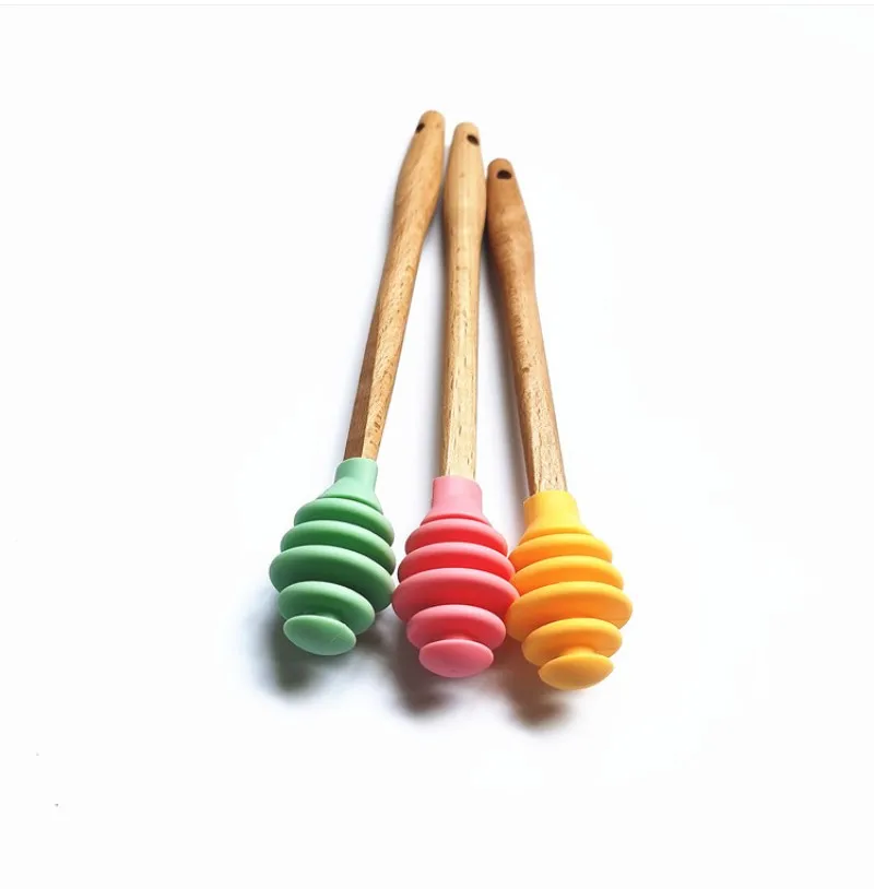 Beech Wood Honey Dipper Sticks For Drink Food Wooden Handle Colored Silicone Honey Dipper