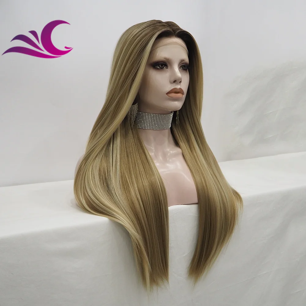 Celebrity high density silky straight honey blonde highlight synthetic lace front wig