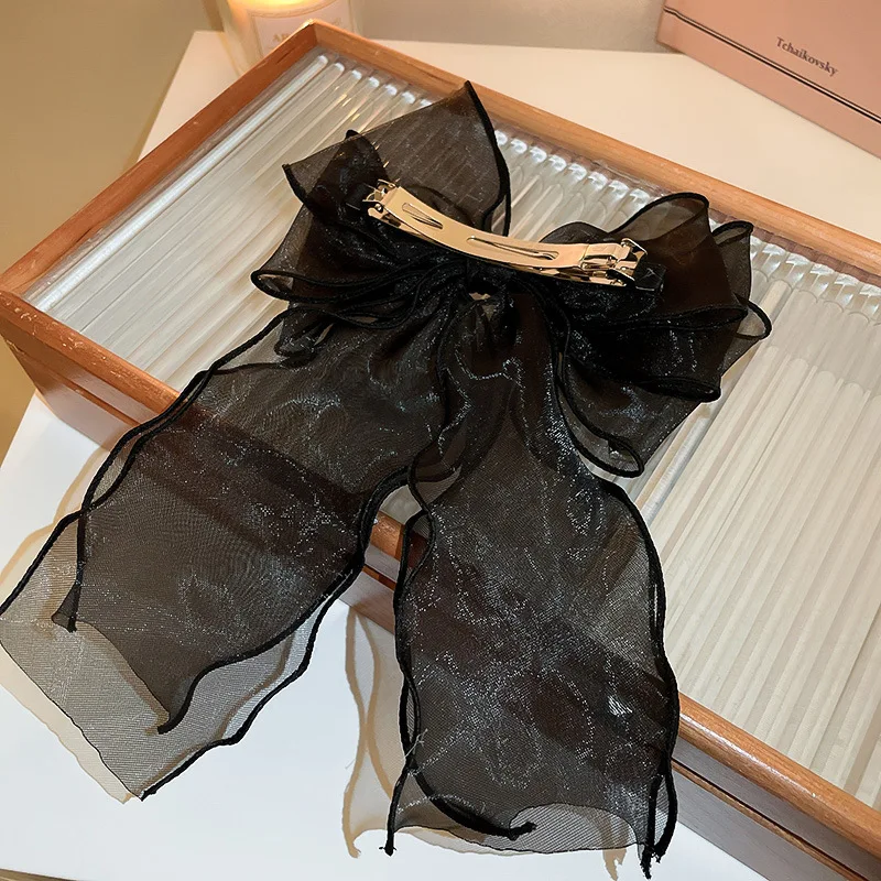 Newest Design Fashion Mesh Large Bow Diamond Ribbon Metal Word Clip Back Head Spring Hair Claw Clips For Women