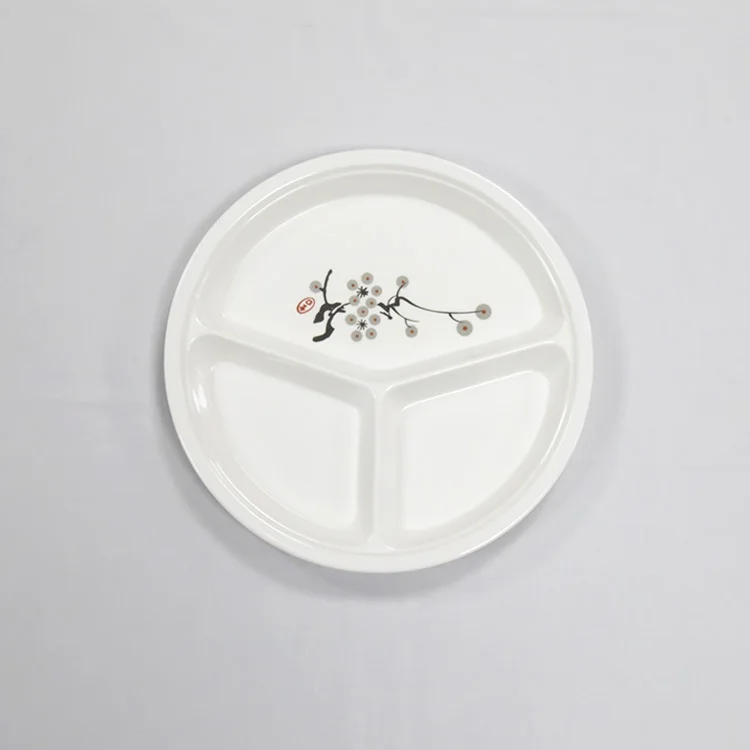 Chinese Flower Pattern Printed White Round 4 Divided Plates Melamine Partition Serving Plate