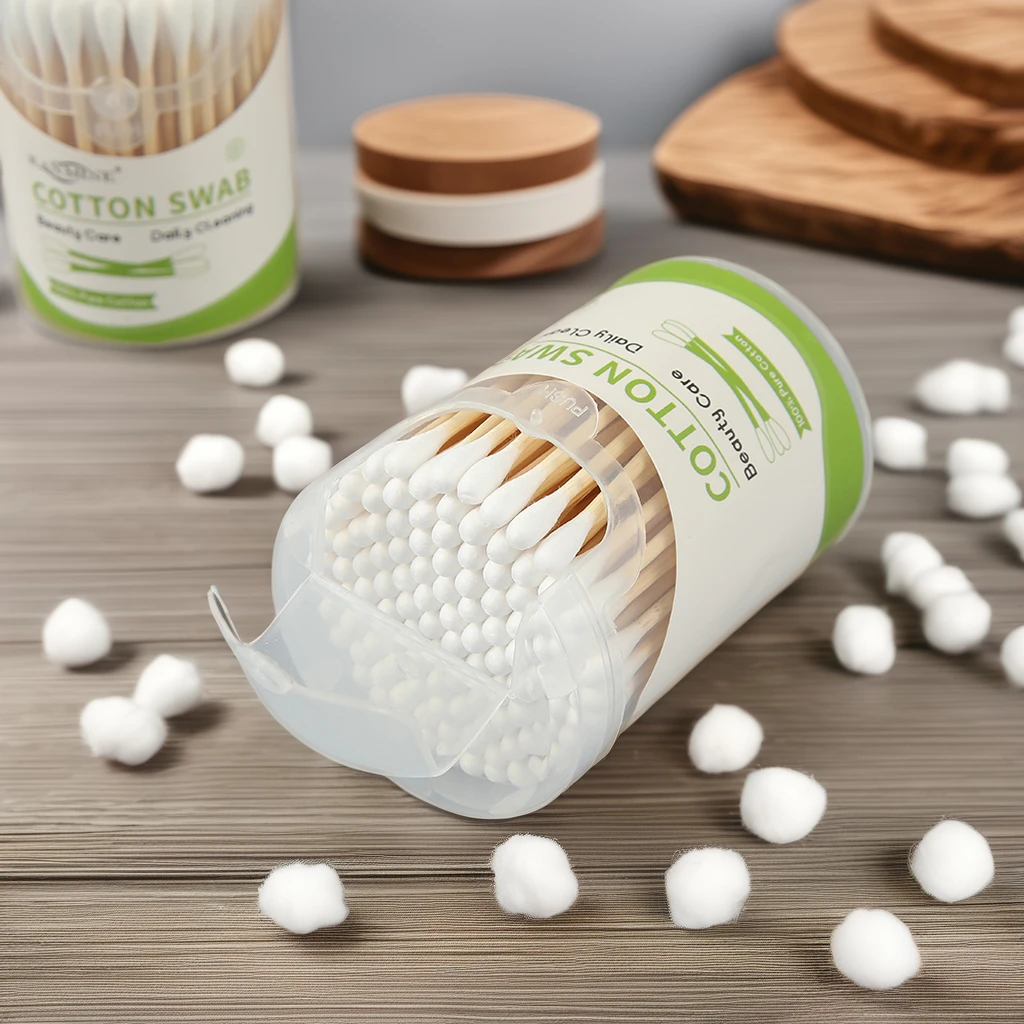 Biodegradable Natural 100 pieces round box Bamboo Stick Cotton Swabs with Strong and Flexible Design for Multipurpose Use