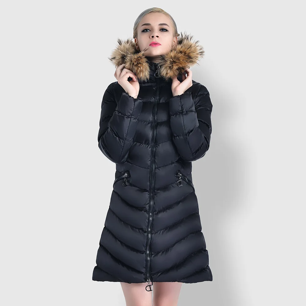 Women new winter long padding jacket ladies puffer jacket with fur hood
