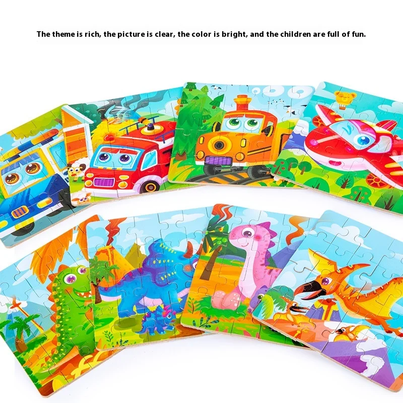 24 Pieces Small 3D Wooden Puzzles in Portable Gift Box Early Educational Kids Toy Cognitive Animals Traffic Dinosaurs Puzzles
