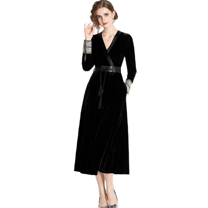 2022 F/W Ladies Casual Vintage Clothing Stand Neck Dresses Women Lady Elegant Wrap Hip Black Long One-Piece Dress