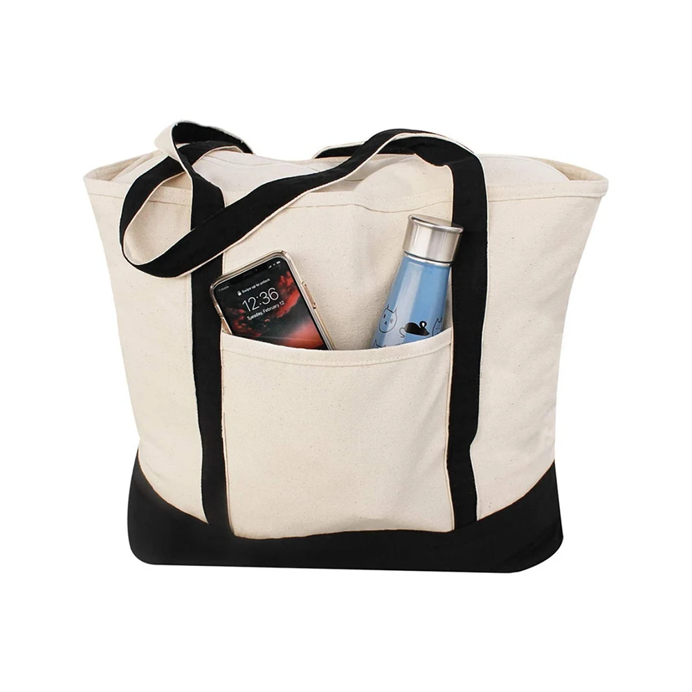 
 Оптовая продажа, обычная хлопковая Тяжелая Холщовая Сумка-тоут 12 унций с внутренними внешними карманами для покупок  