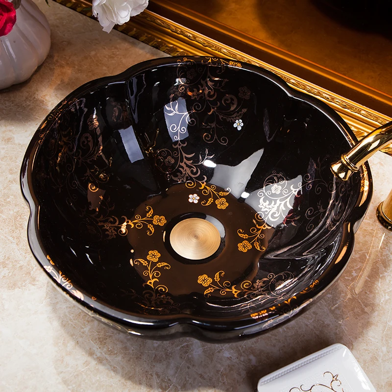 Artistic Black with Gold Floral Design wash basin Ceramic Counter Top Wash Basin Bathroom Sinks bathroom washbasin cabinets