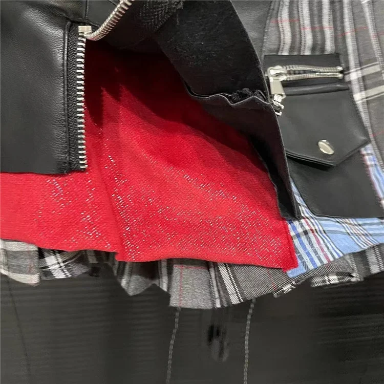 2024 Summer New Patchwork Plaid Irregular Pleated Mini Skirt For Women Zipper Pockets Lace Design Skirts