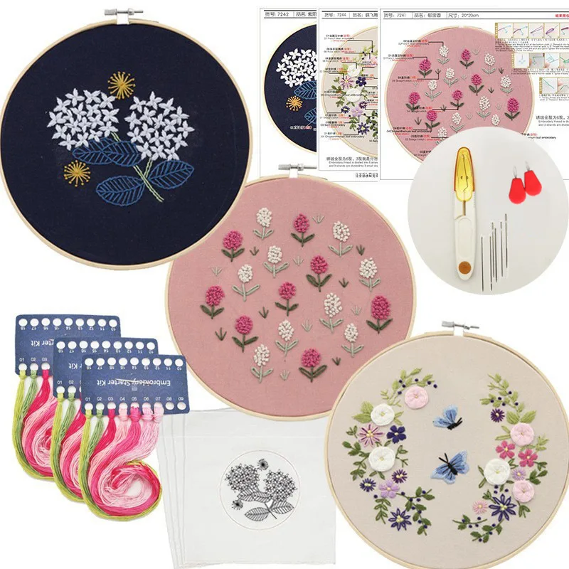 Wholesale 3 set starter embroidery kit for beginners Needlework Flower pattern Sewing Craft kit For Beginners DIY Embroidery Kit