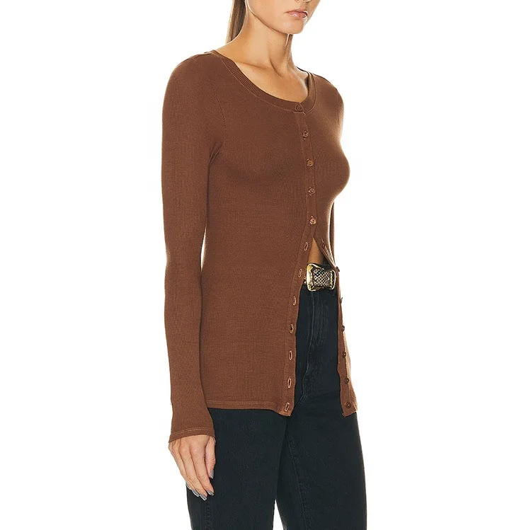 Latest fashion design high quality elegant fitness wide neck long sleeve soft shirts for women brown blouses