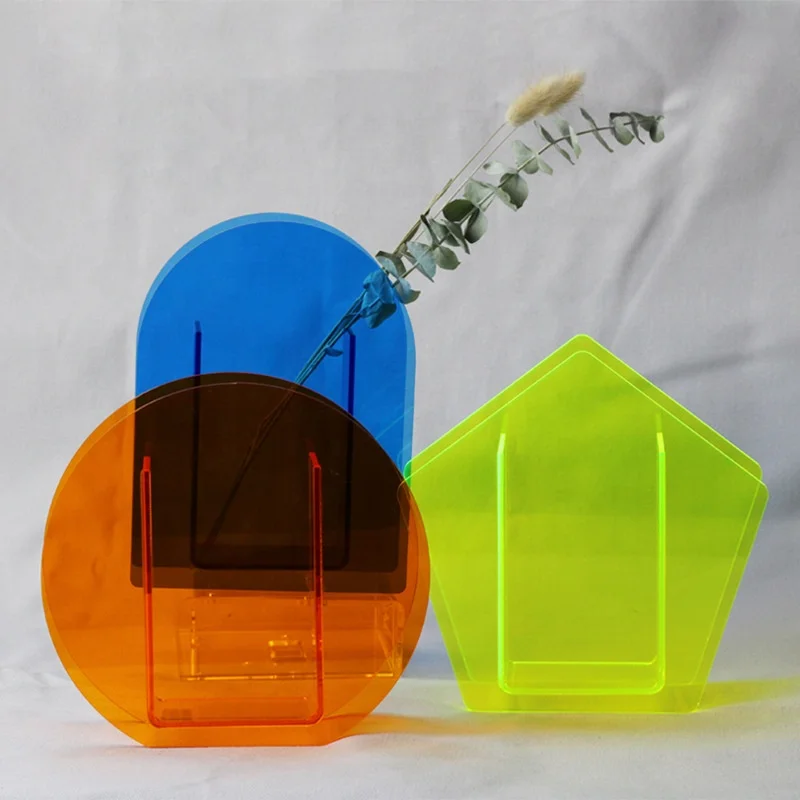 Color acrylic vases, transparent vases in geometric modeling, tabletop decoration mirror flower arranger