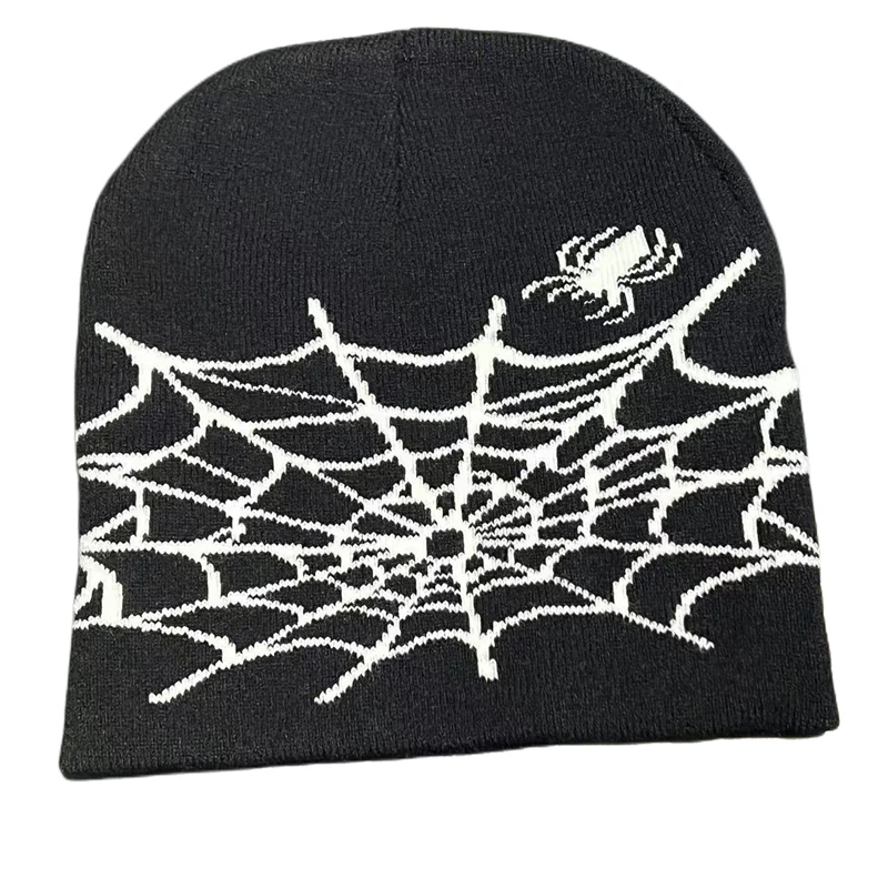 Wholesale Unisex Cool Beanie Hats Spider Web All Over Printing Custom Logo Warm Cap Acrylic Jacquard Knitted Cuffless Beanie