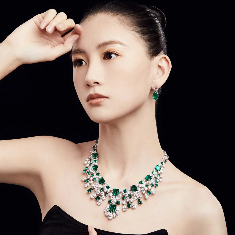 Emerald S925 Sterling Silver Custom Cz Cubic Zirconia Stone Tennis Necklace Designs Big Diamond Necklaces For Women Bride Gift