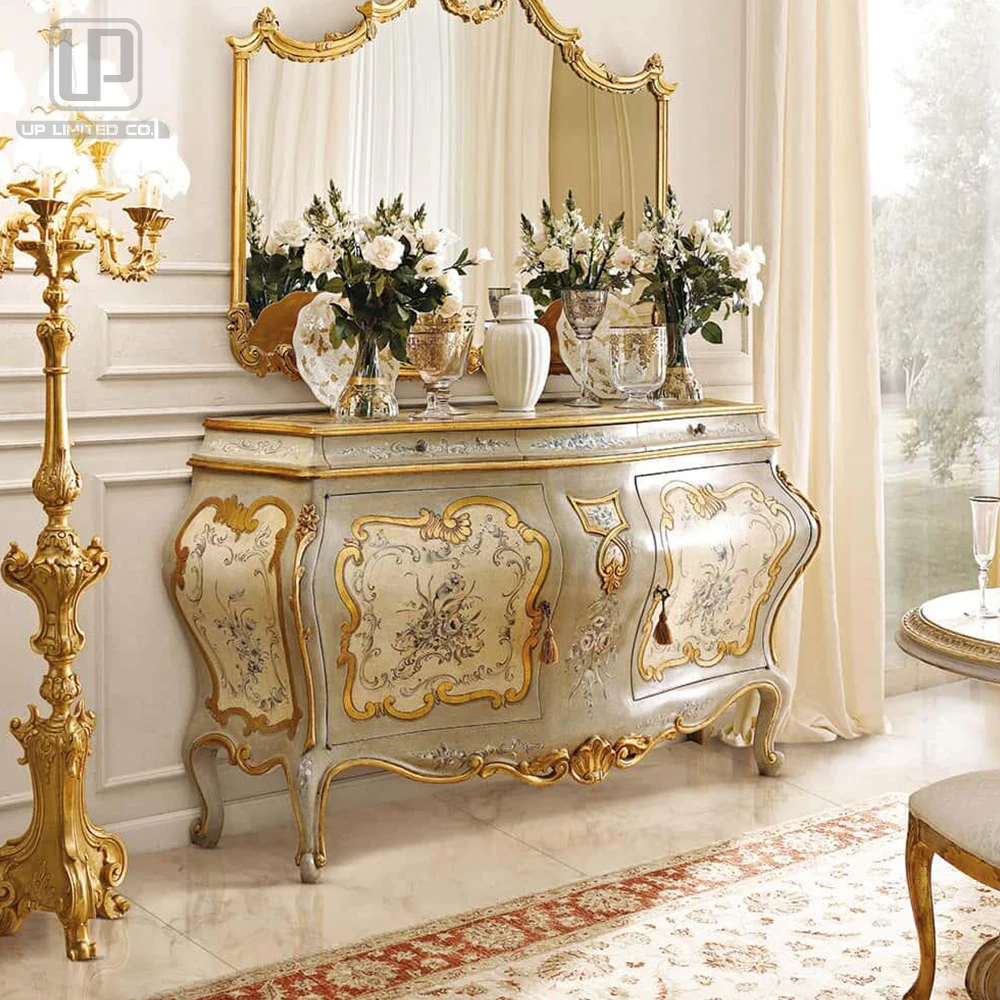 Classic vintage home furniture bedroom furniture hand painted flower patterns dresser table with gold color mirror