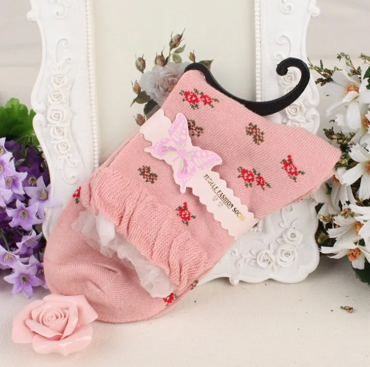 models double layer lace bubble mouth small floral cotton tube socks hot sale flower pattern middle tube sock for girls