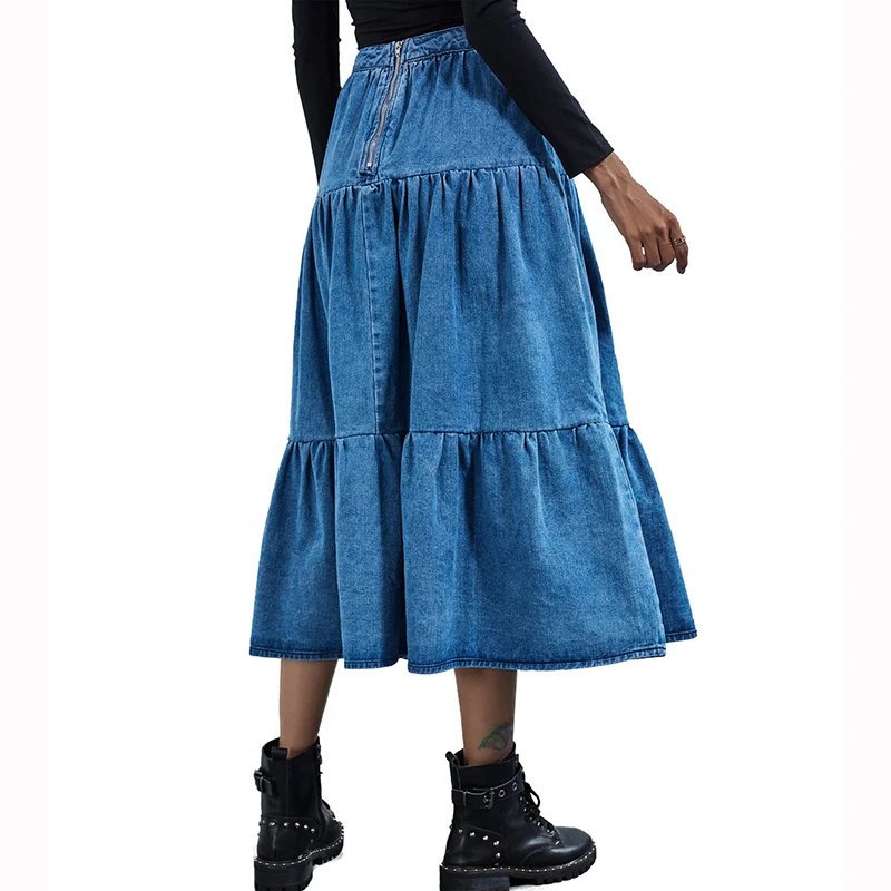 INS Fashion High Waist Loose Big Skirt Hemline Long Dress A-line Casual Solid Blue Ruffle Denim Frill Skirt For Women Girls