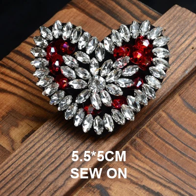 Custom brand logo design fashion cross handmade black red heart applique heart crystal rhinestone patch for shoes
