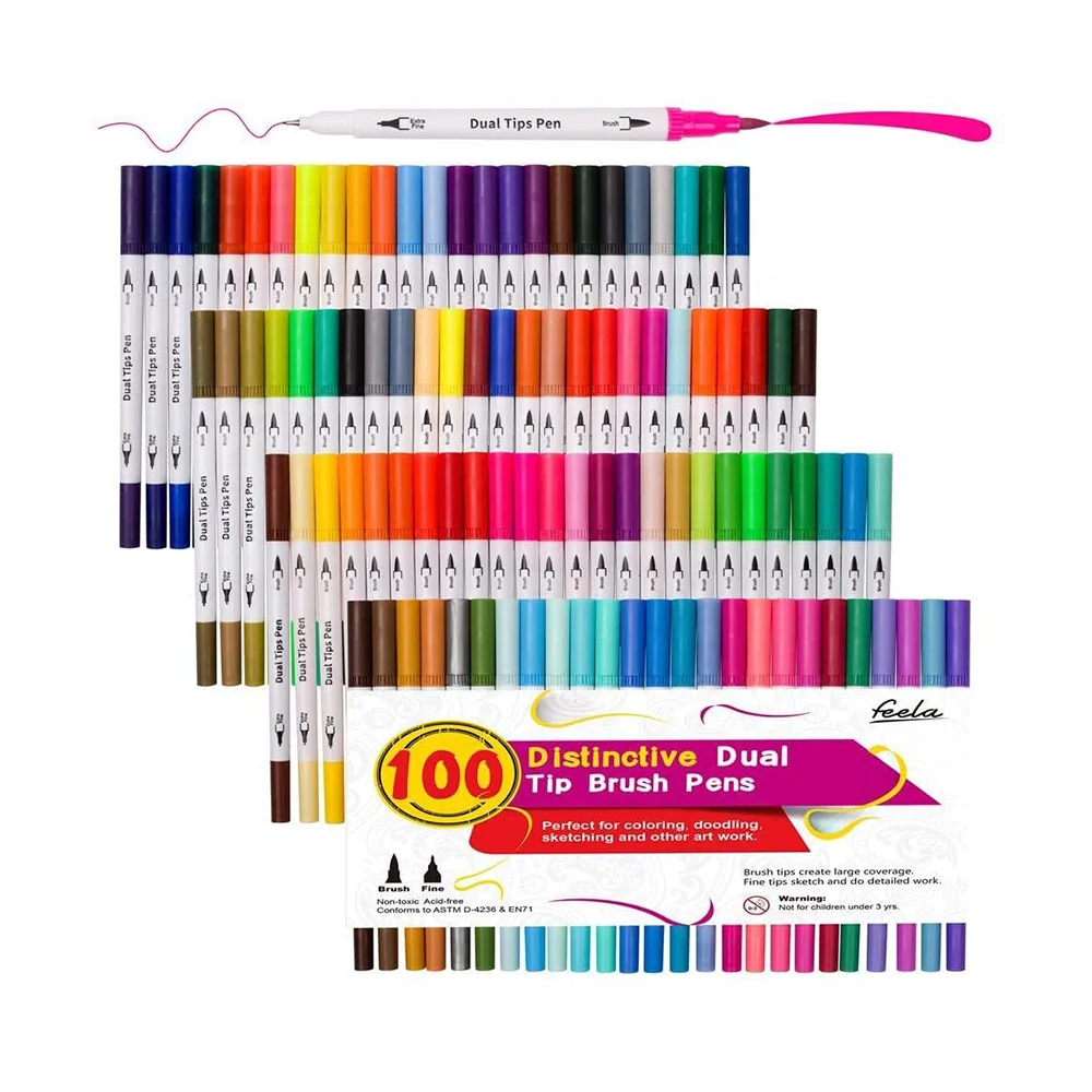 Ручки с двойным наконечником 100 цветов художественными маркерами Fineliners акварельные Двойные наконечники кисти и хайлайтеры для