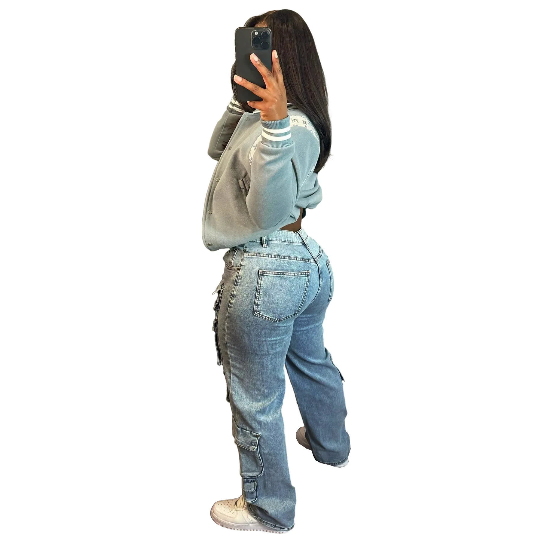 New denim workwear pants elastic multi bag pants casual straight leg denim pants