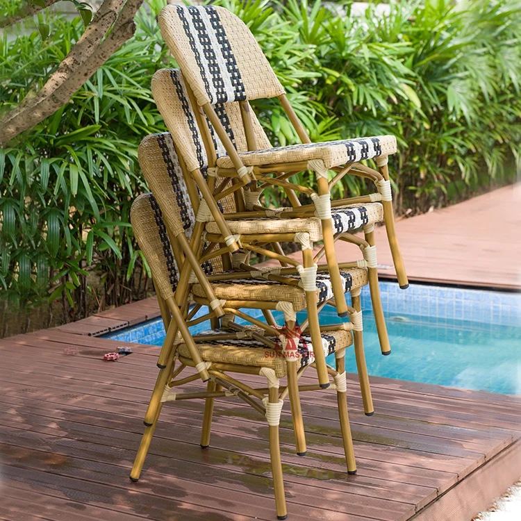 Modern Outdoor Furniture Garden Aluminum Rattan Wicker Stackable Chairs  Balcony French Cafe Bistro Bamboo Chair And Table Set
