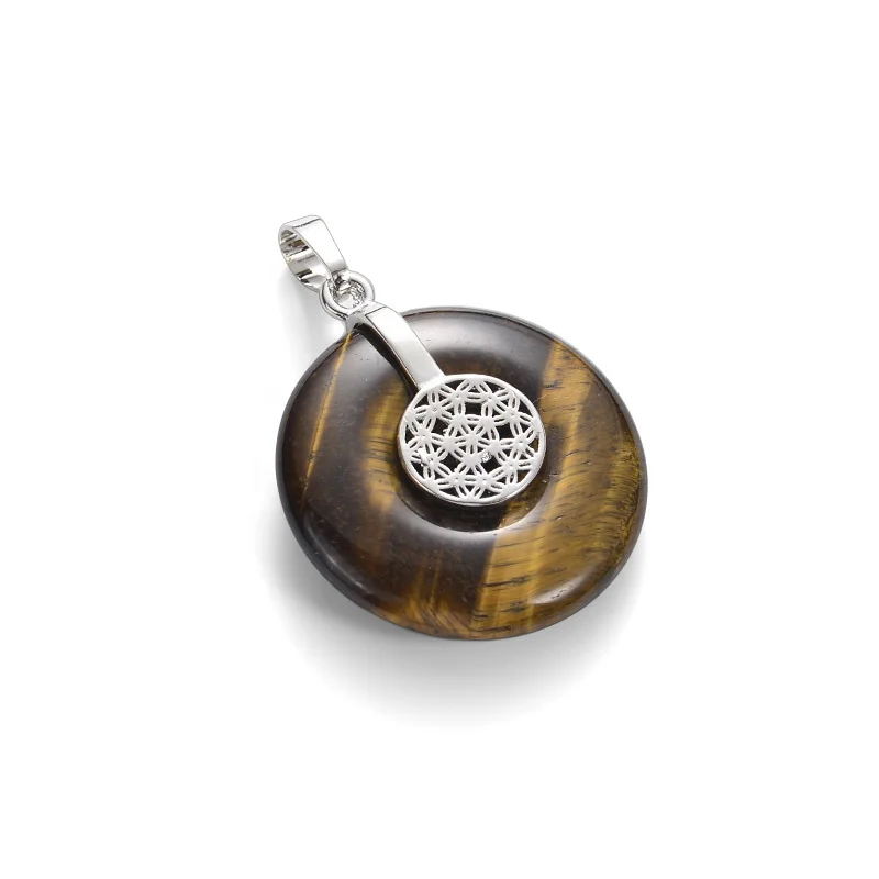 Natural Stone Tiger Eye Donut With Lotus Tree Of life Star Brass Pendant Bail For Necklace Jewelry Making