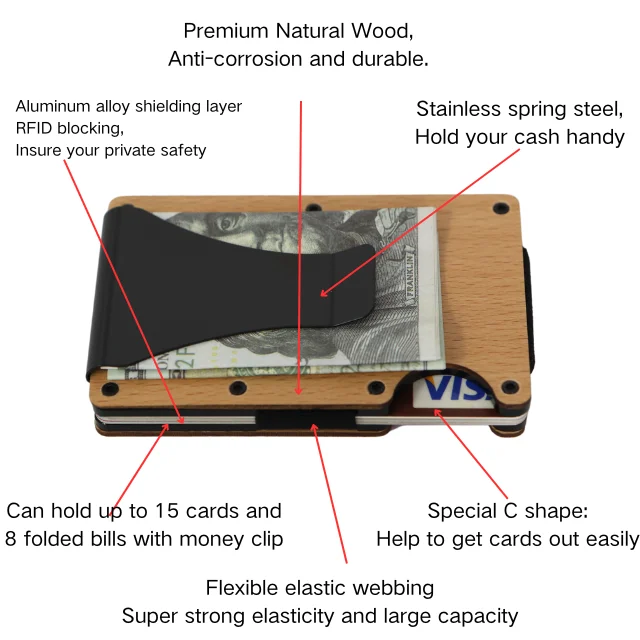 New Minimalist Real Wood RFID Blocking Wooden Card Holder with Money Clip Wooden Card Wallet