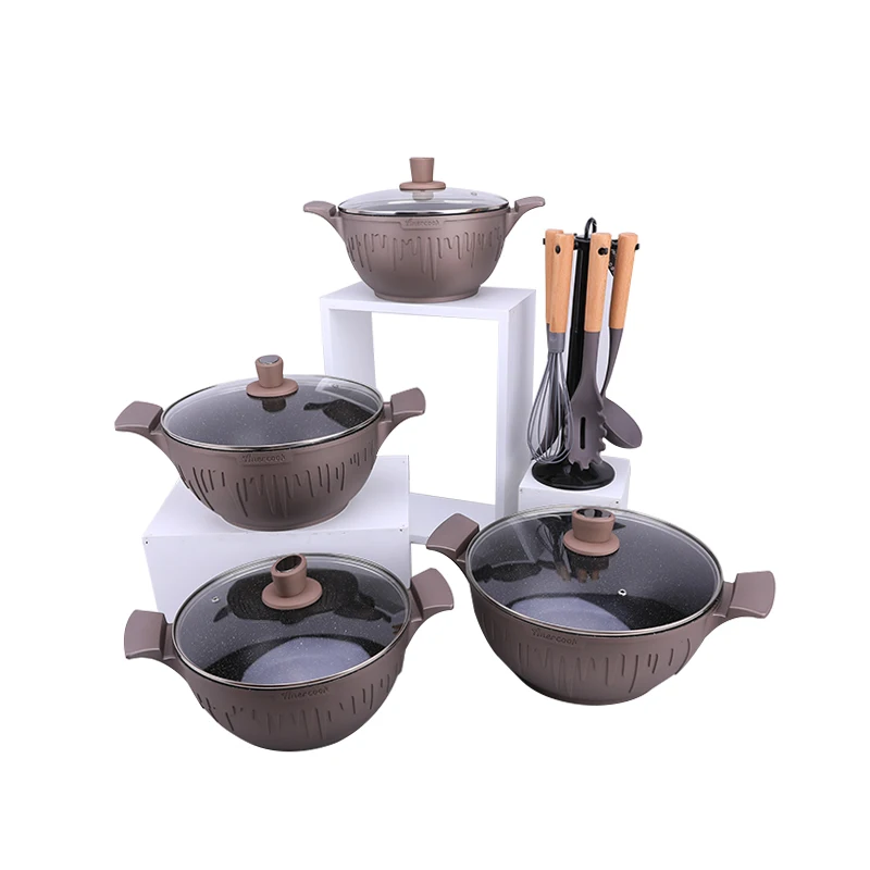 Amercook kylie, оптовая продажа, алюминиевая кухонная посуда, сковорода для домашнего приготовления, стеклянная крышка, 12 шт., антипригарный горшок, кастрюля, набор посуды