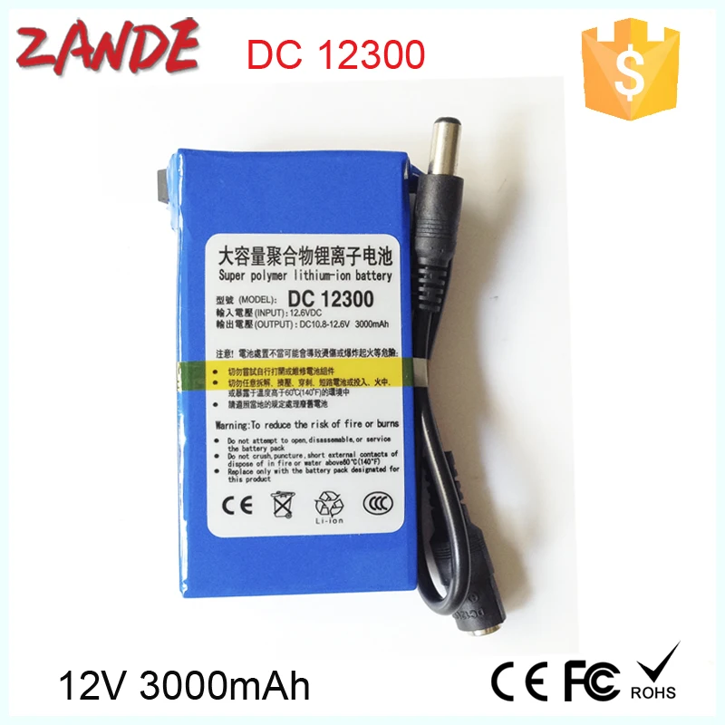 Super dc-12300 rechargeable lithium battery 12v 3000mah for security cctv and LED with power supply welcome OEM
