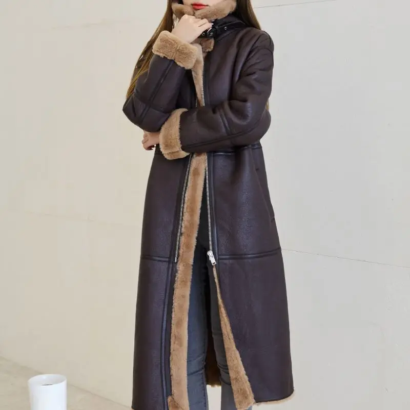 Fleece warm luxury Sheep fur parka patchwork fur coat motorcycle jacket genuine women leather coat leather crop with fur
