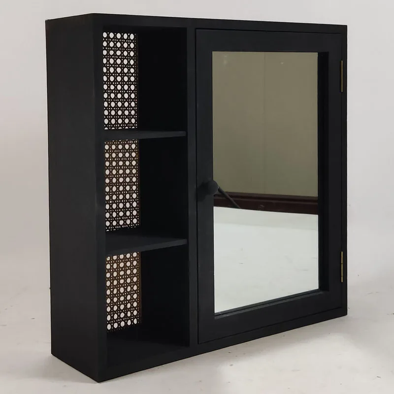 Wall Mounted Rattan Modern Storage Wall Bathroom Cabinet With Mirror