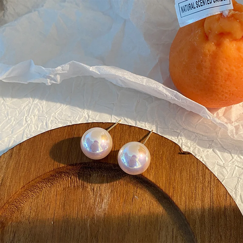 Mermaid Color Pearl Earrings Round Pearl Ball Silver Needle 8mm 10mm 12mm 14mm Stud Earrings Women