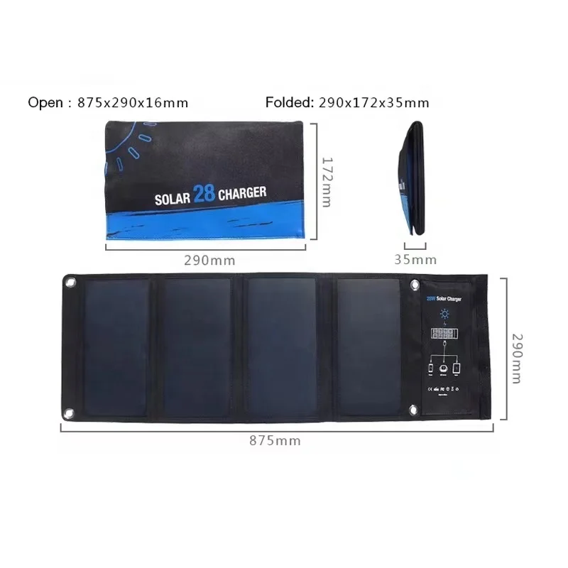 Portable solar panel foldable 28w 3 USB Ports charger DC port Polycrystalline Silicon waterproof and camping solar panel