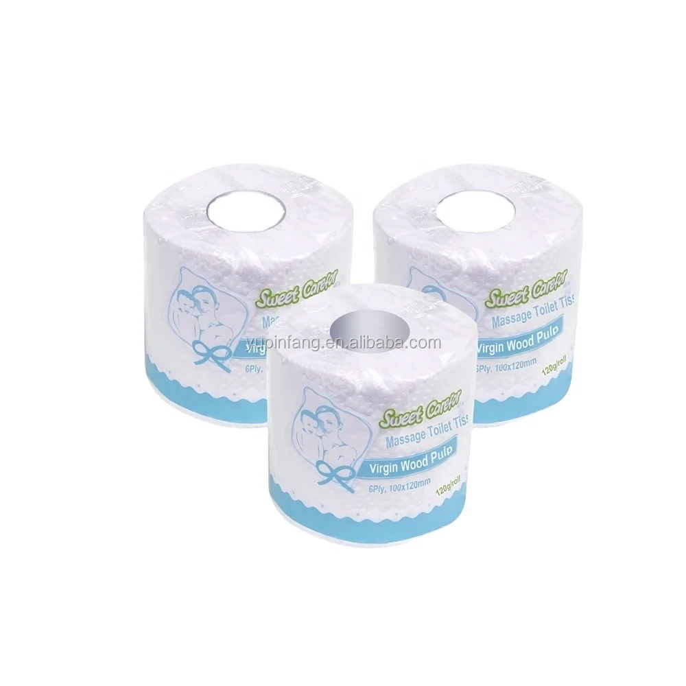 Virgin wood pulp 6ply massage toilet tissue roll blue plastic packaging film paper towel wipe off water stains