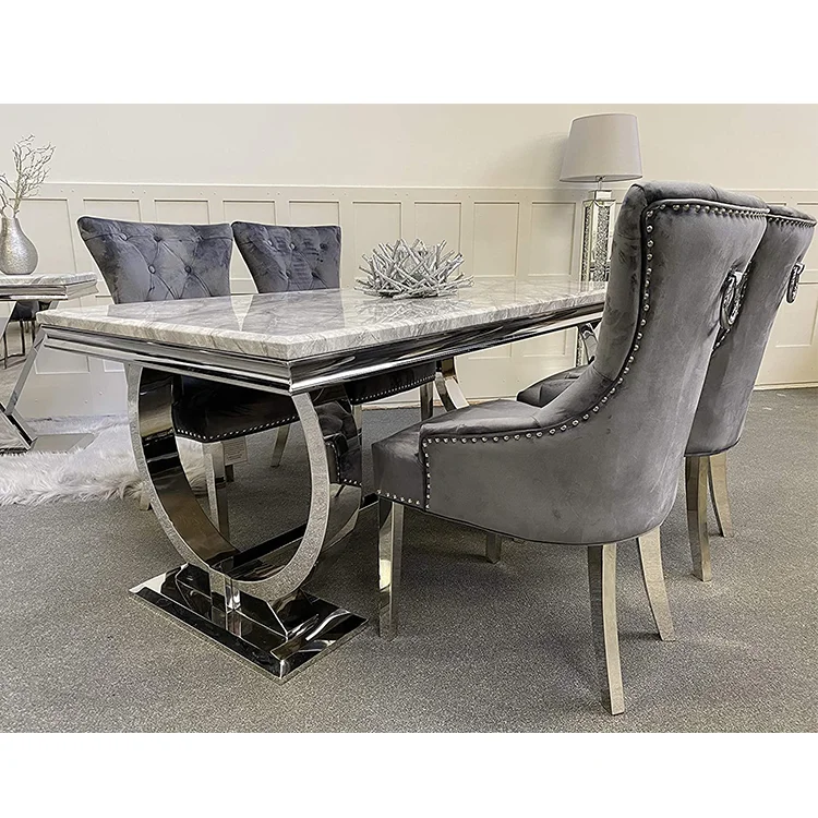 180cm 4 Seater 6 8 Velvet Chairs High Quality Stainless Steel Arianna Grey Rectangle Natural Marble Top Dining Table Sets