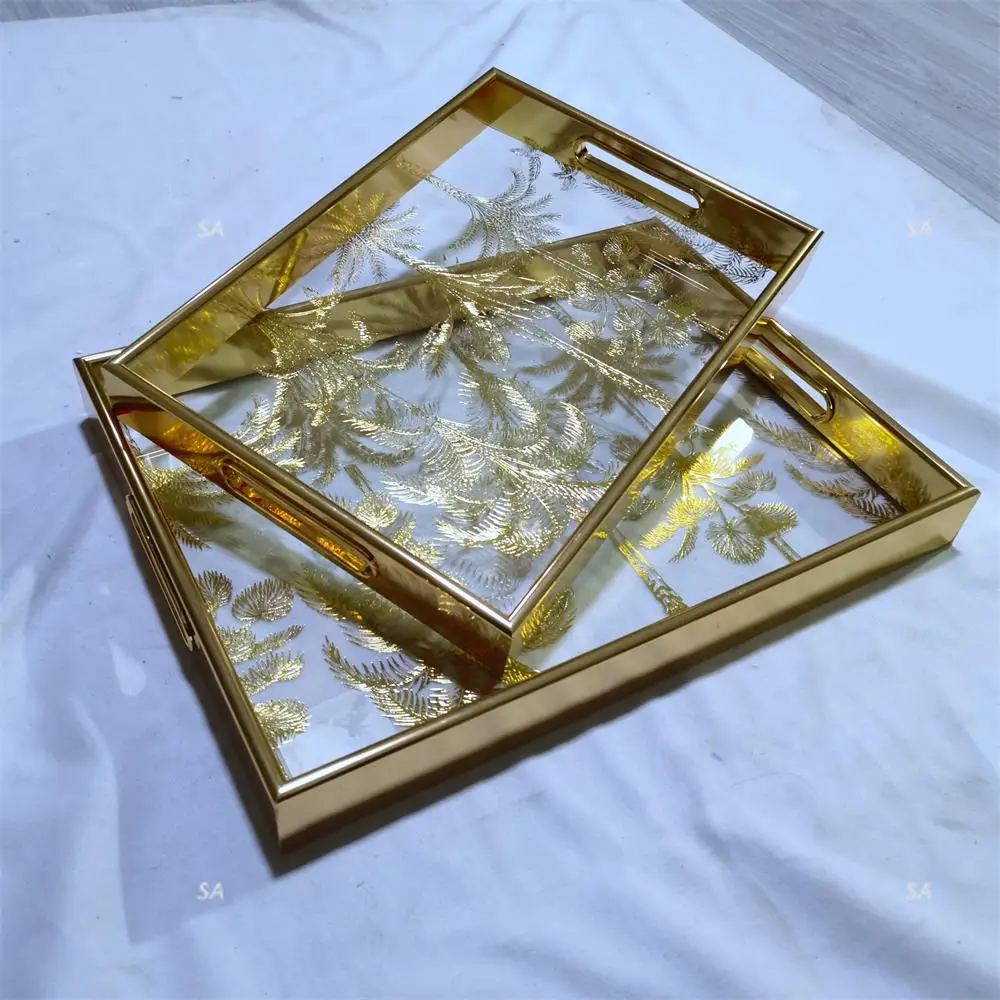 Luxury gold leaves unique design set of 2  matching glass home decorative tray serving tray