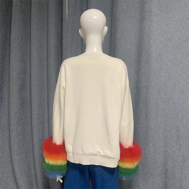 Spring fashion girls lovely real fur sweater custom rainbow color cuff designer popular women sweater