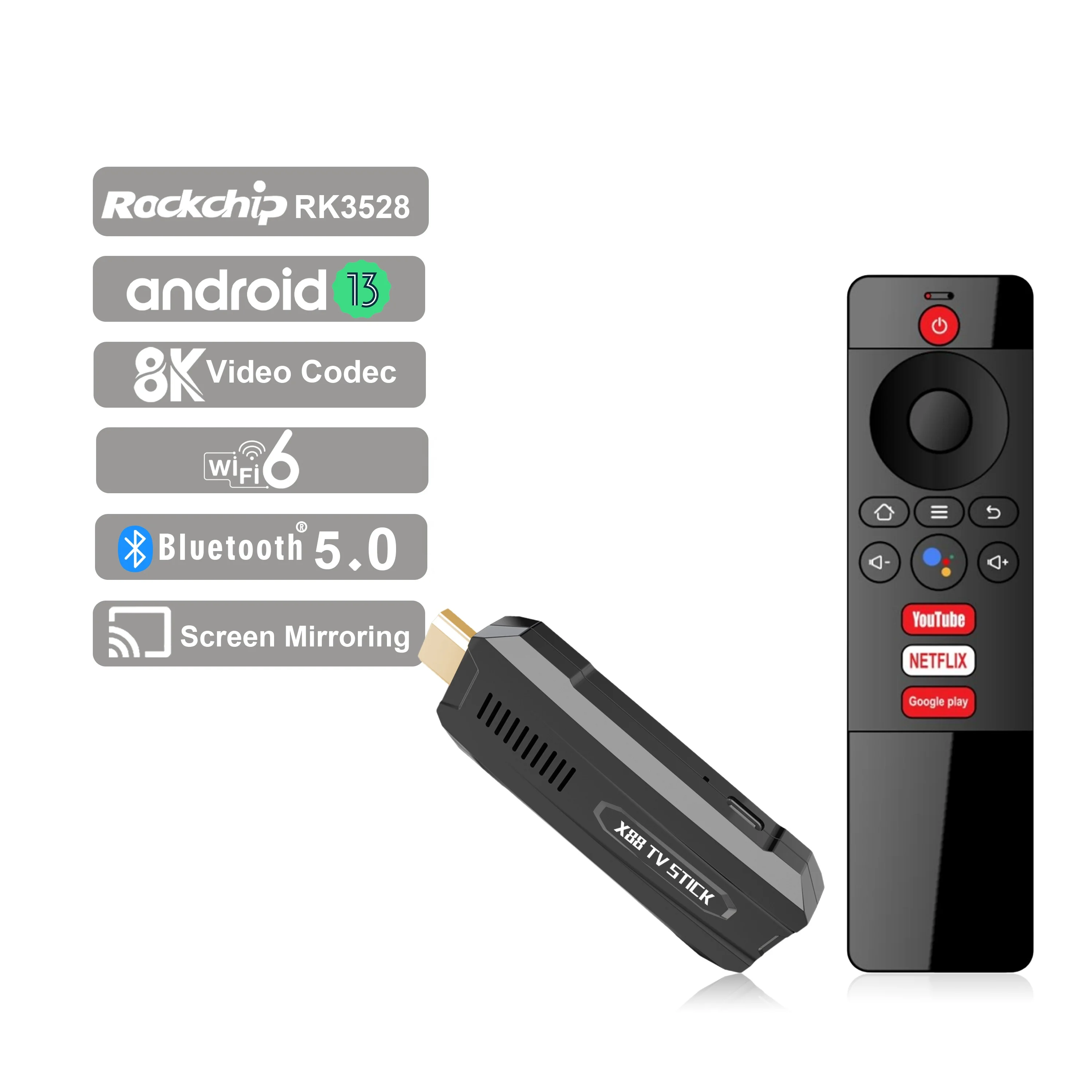 2023 OEM factory price RK3528 Android ATV OS 8K WiFi6 2.4/5.8G Android 13 X88 PRO 13 tv stick model Android TV Stick dongle
