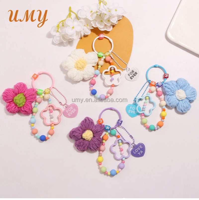 Custom Keyring Plush Decorative Handmade Artificial Crocheted Puff Flower Knitted Crochet Flowers Cute Flower Keychain Ring Toys