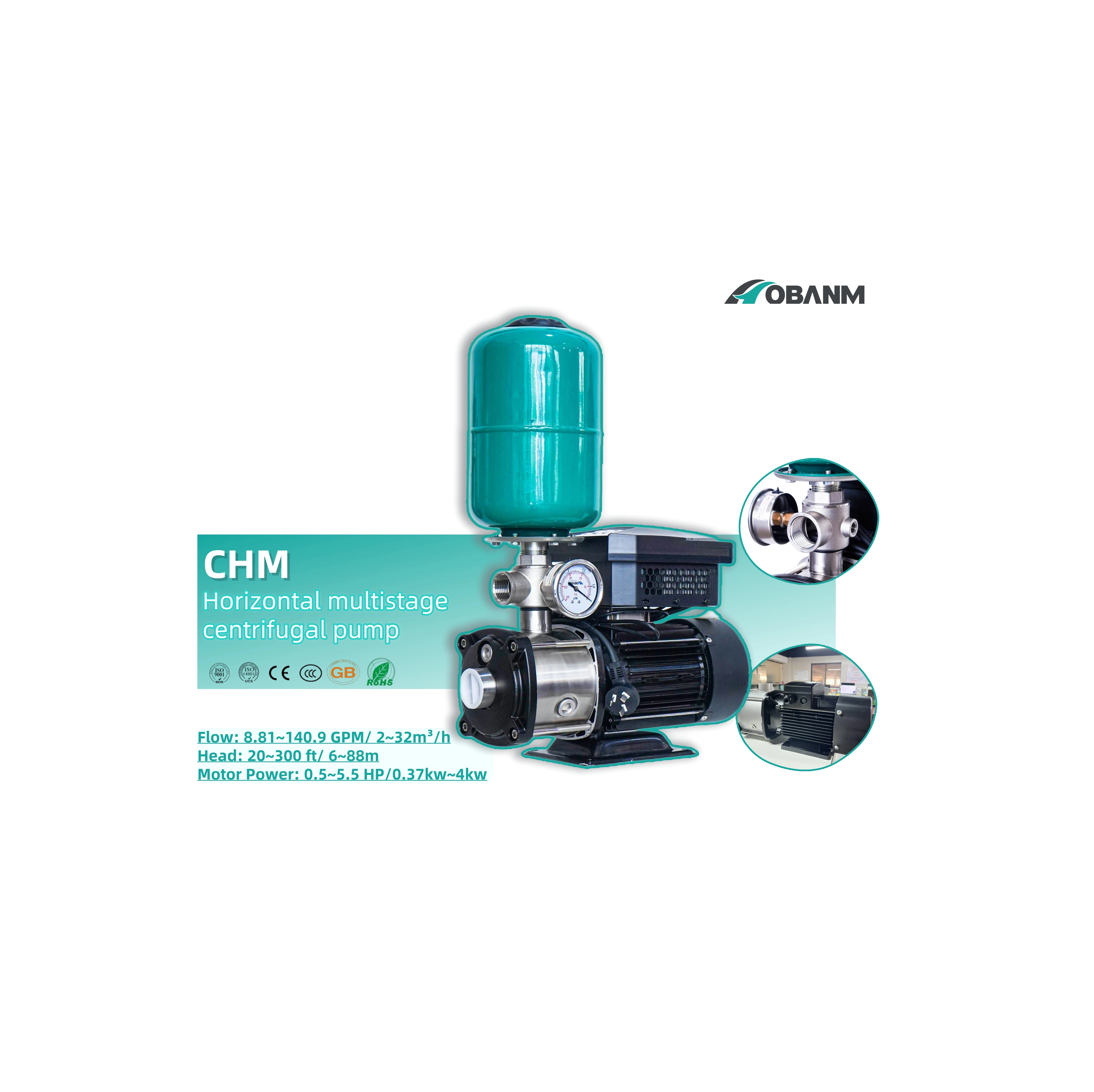 Горизонтальный многоступенчатый центробежный насос CHM 15-40 8 81 ~ 140 9 GPM поток 20 300 футов 2 л.с. многоцелевой водяной с большой скоростью потока