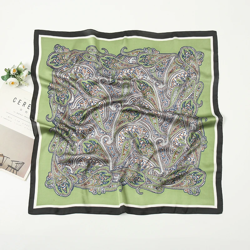 Fashion 70*70cm Muslim Hairband Handkerchief Square Printed Hijab Bandana Cashew Satin Silk Scarf For Woman