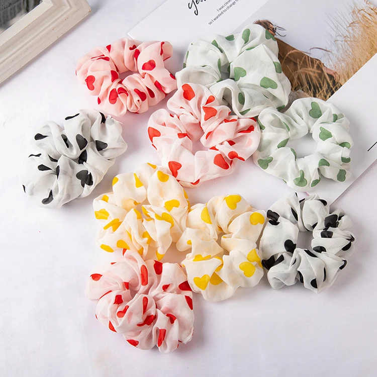 wholesale Chiffon Heart Print  hair scrunchies sweet ponytail hair tie hair accessories
