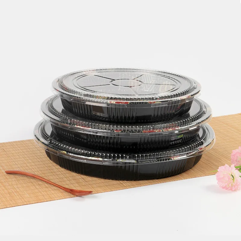 Customized Printed Catering Retail Foldable Compartment Disposable Box Delivery Plastic Round Fast Food Sushi Tray Packaging