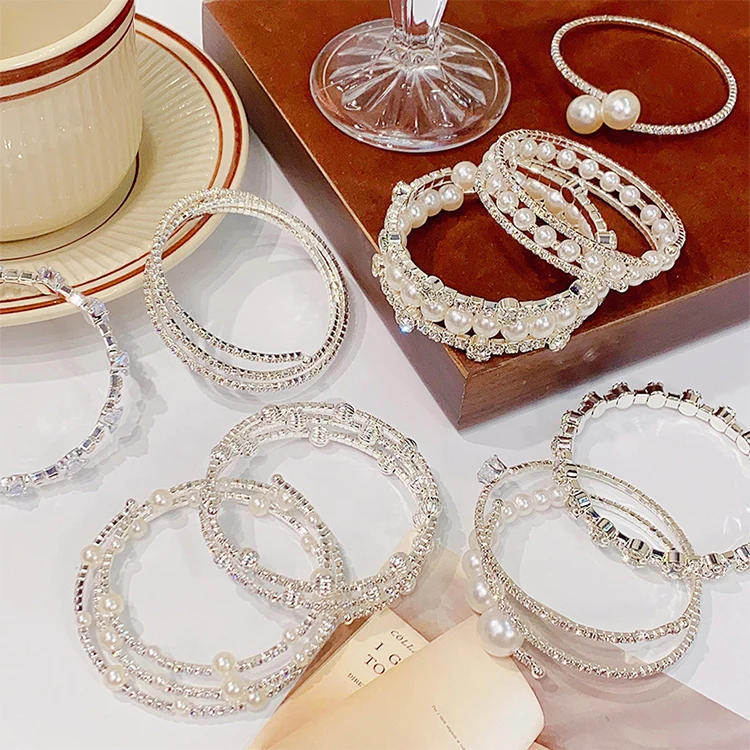 New Style rhinestone bangle for lady  Diamond-studded multi-layer winding   Double pearl bracelet