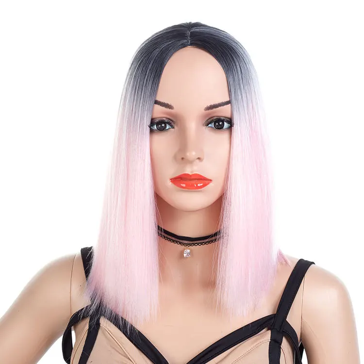 Short Straight Synthetic BOB Wig Fiber Lido Pink Synthetic Wig Ombre Color Synthetic Lace Front Wig For White Women