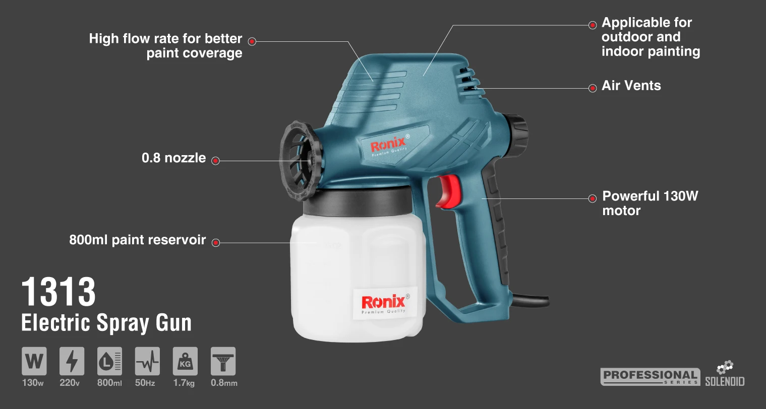 Ronix Model 1313 130W 800ml Lightweight Portable Safe Household Electric Paint Spray Gun with High Pressure