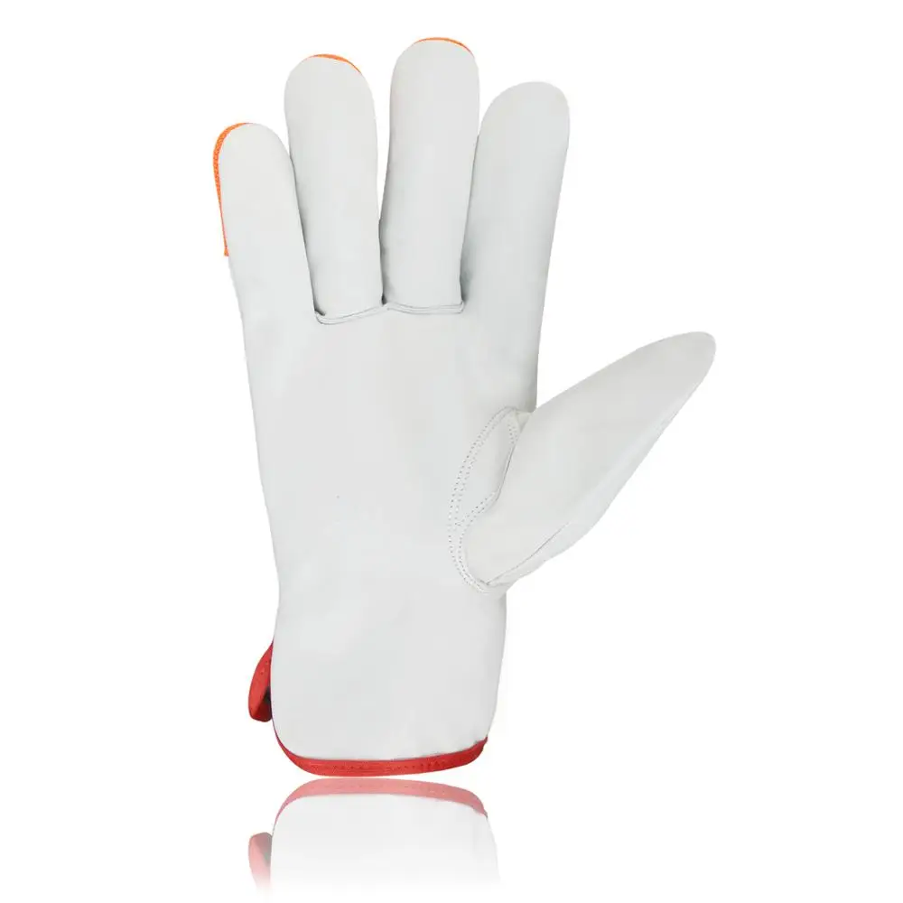 Driver Gloves made cow grain leather Keystone thumb red cotton piping yellow stripped on back sides of fingers