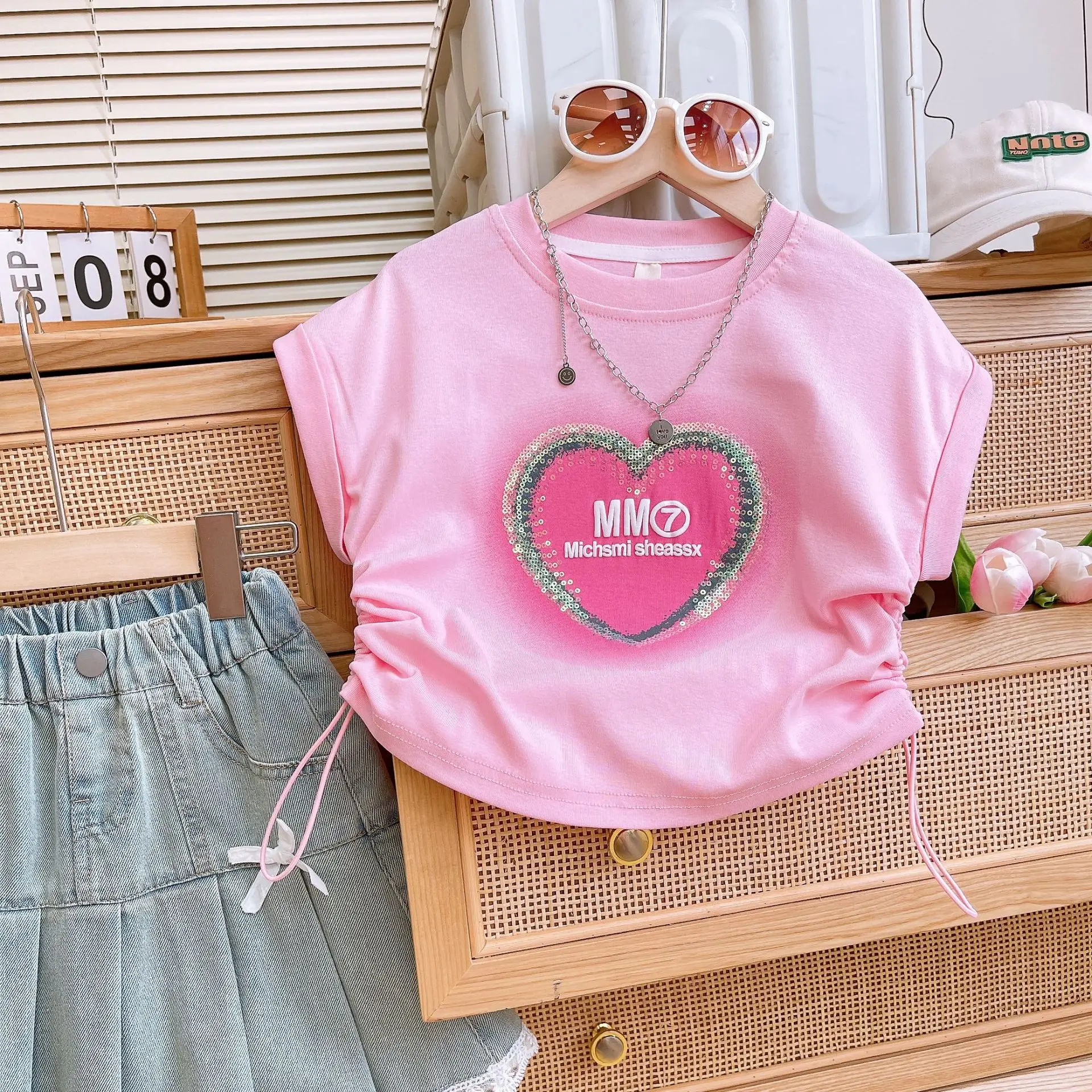 2024 Summer Fashion Kids 2pcs Suits Sleeveless T-shirt+Lace Denim Skirt Sweet Girls Clothes Sets