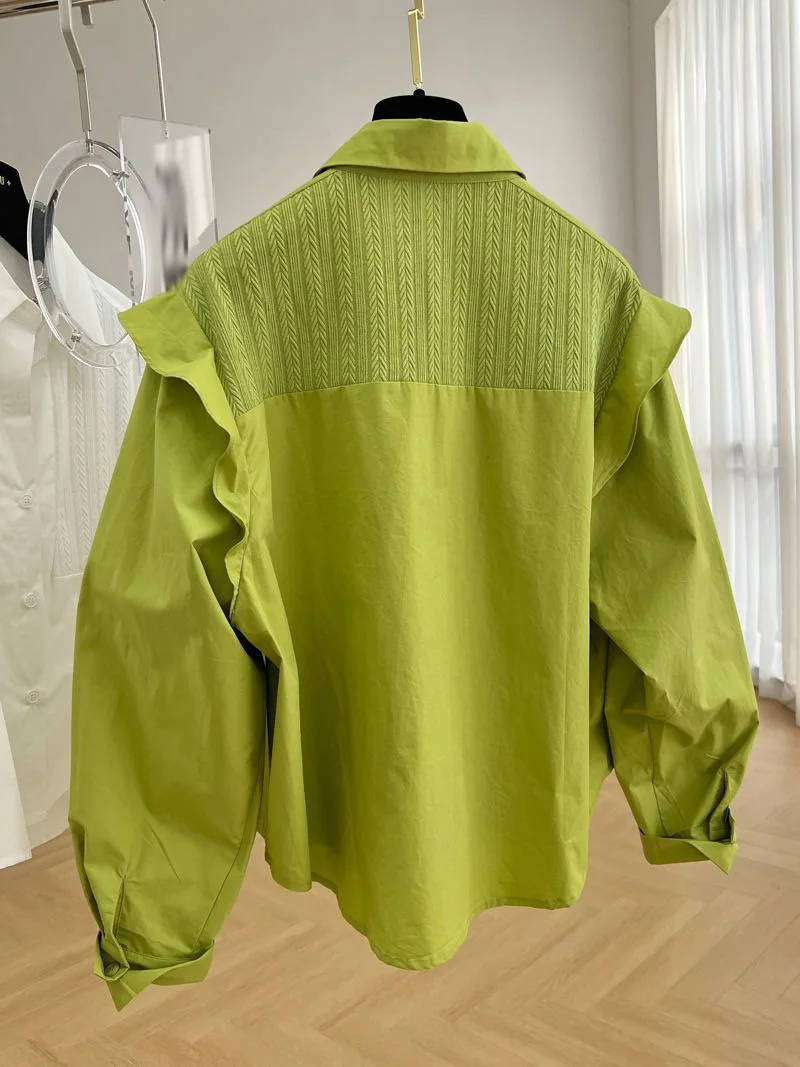 CS962 Wholesale 2023  Autumn Turn-down Ruffles Collar  solid  Long Sleeve Shirt Women Blouse Tops 10